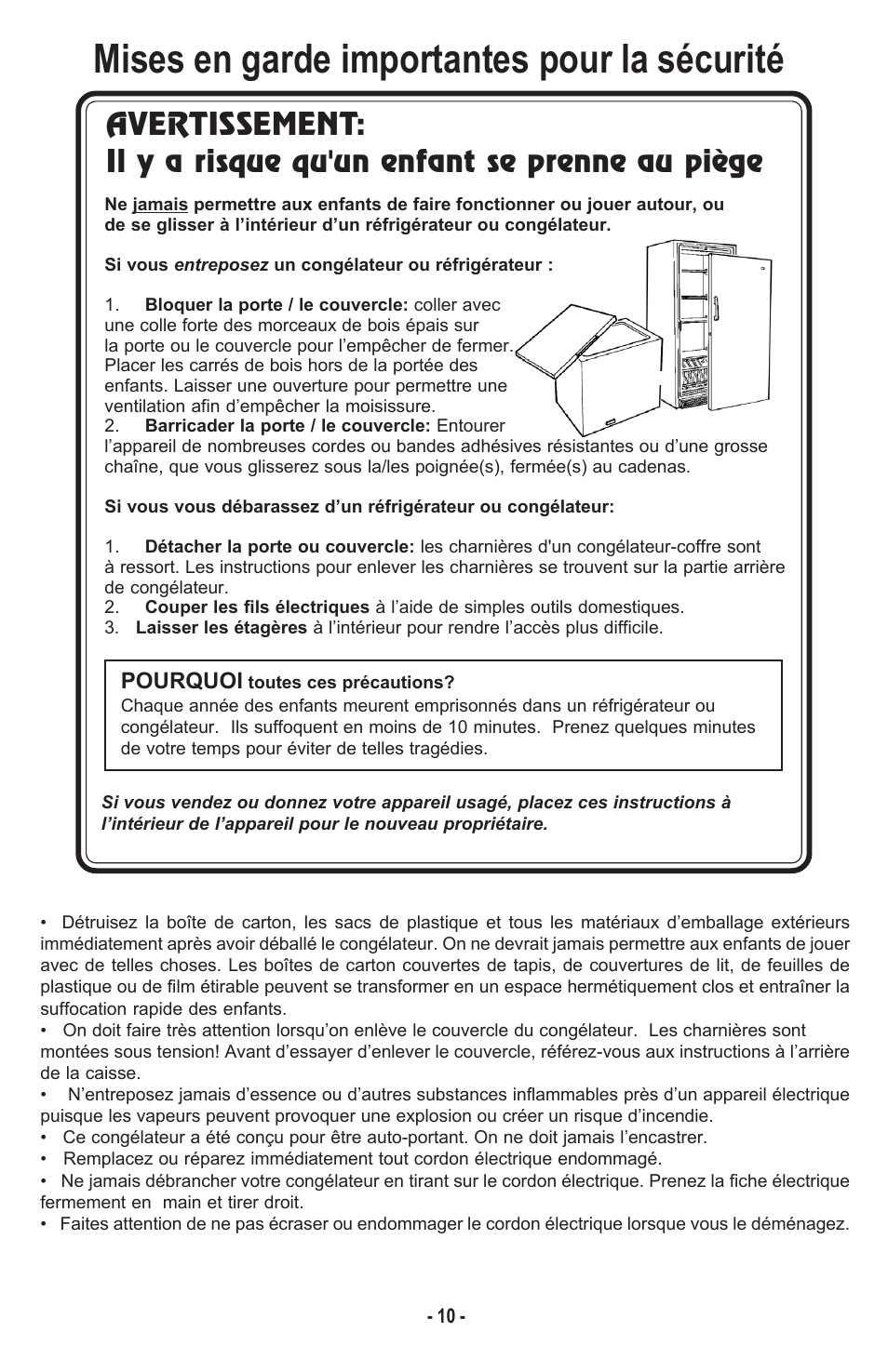 Mises en garde importantes pour la sécurité | Danby DCF1014WE User Manual | Page 11 / 28