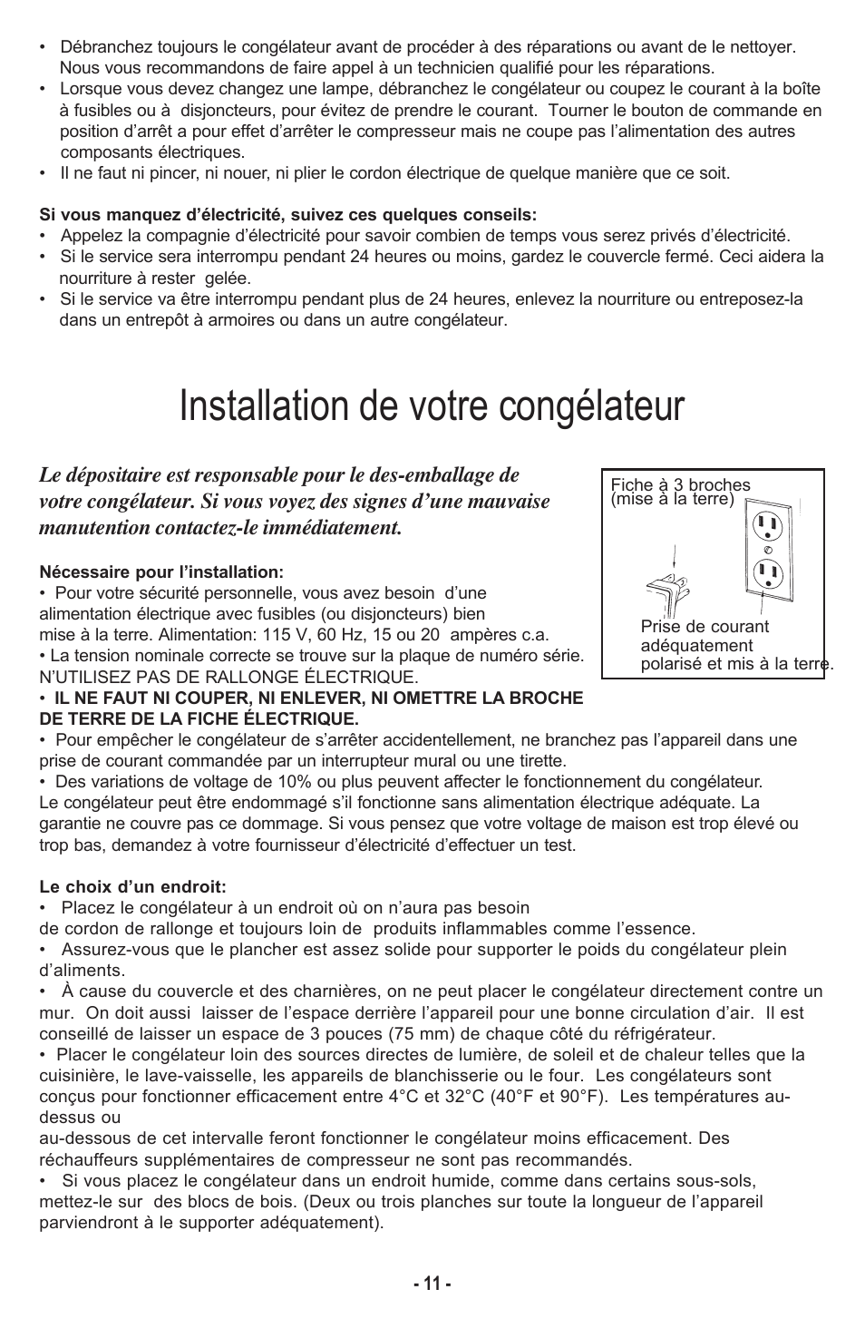 Installation de votre congélateur | Danby DCF1014WE User Manual | Page 12 / 28