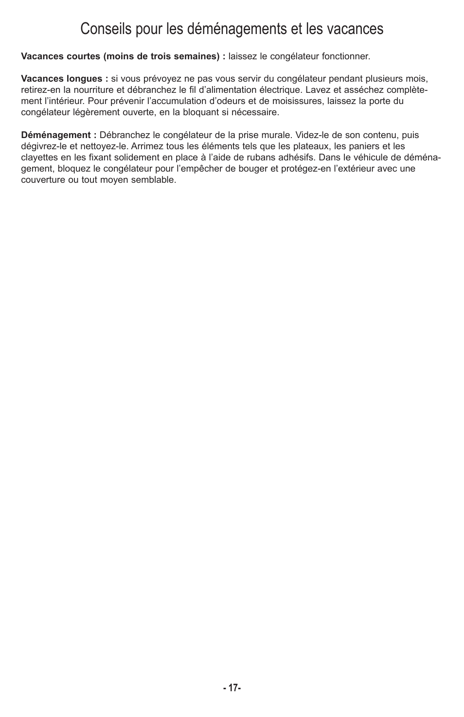 Conseils pour les déménagements et les vacances | Danby DCF1014WE User Manual | Page 18 / 28
