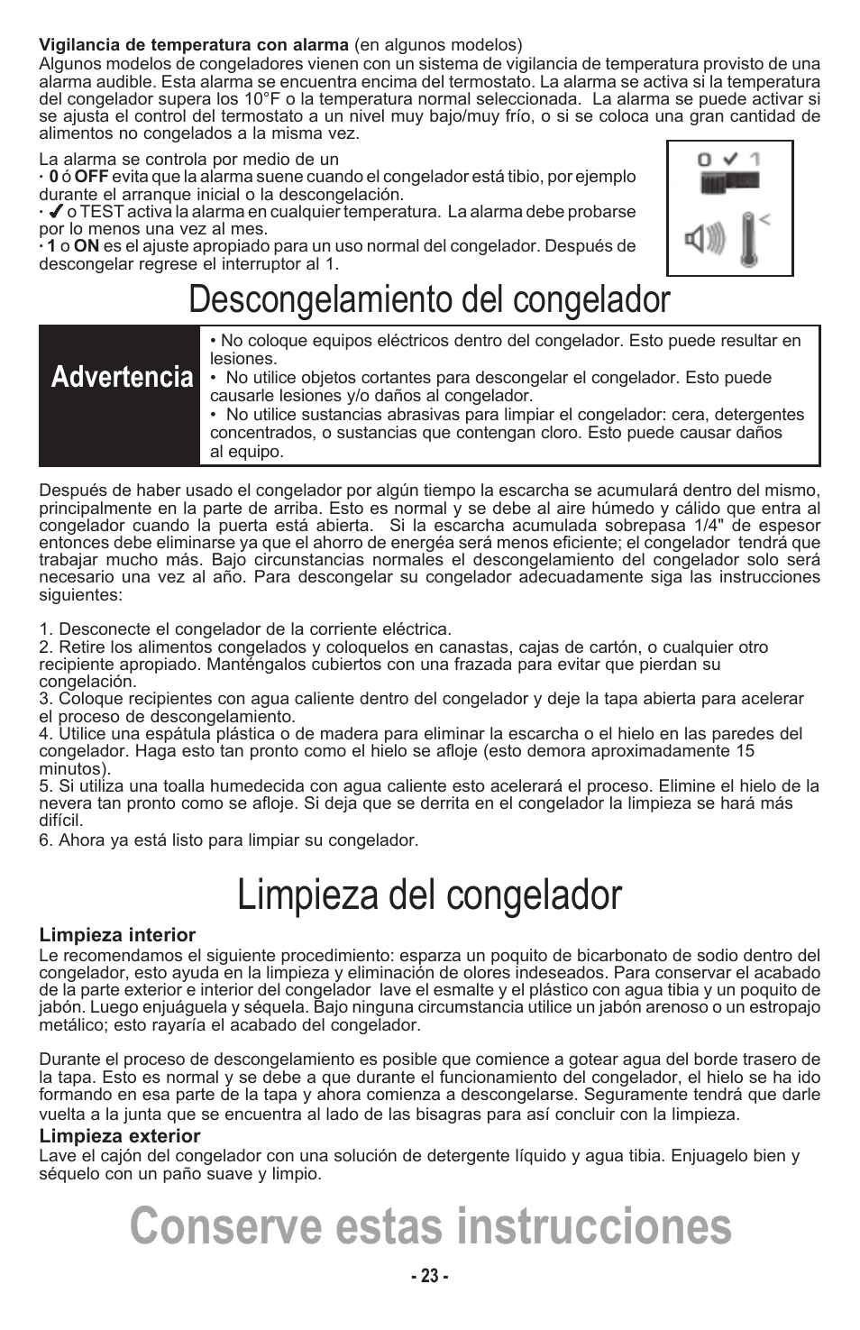 Conserve estas instrucciones, Limpieza del congelador, Descongelamiento del congelador | Advertencia | Danby DCF1014WE User Manual | Page 24 / 28
