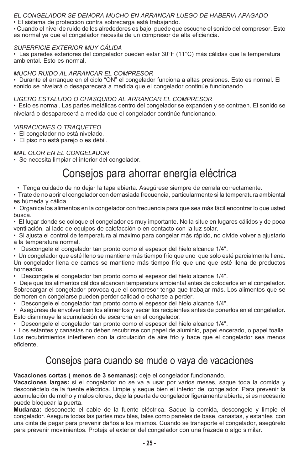 Consejos para ahorrar energía eléctrica, Consejos para cuando se mude o vaya de vacaciones | Danby DCF1014WE User Manual | Page 26 / 28