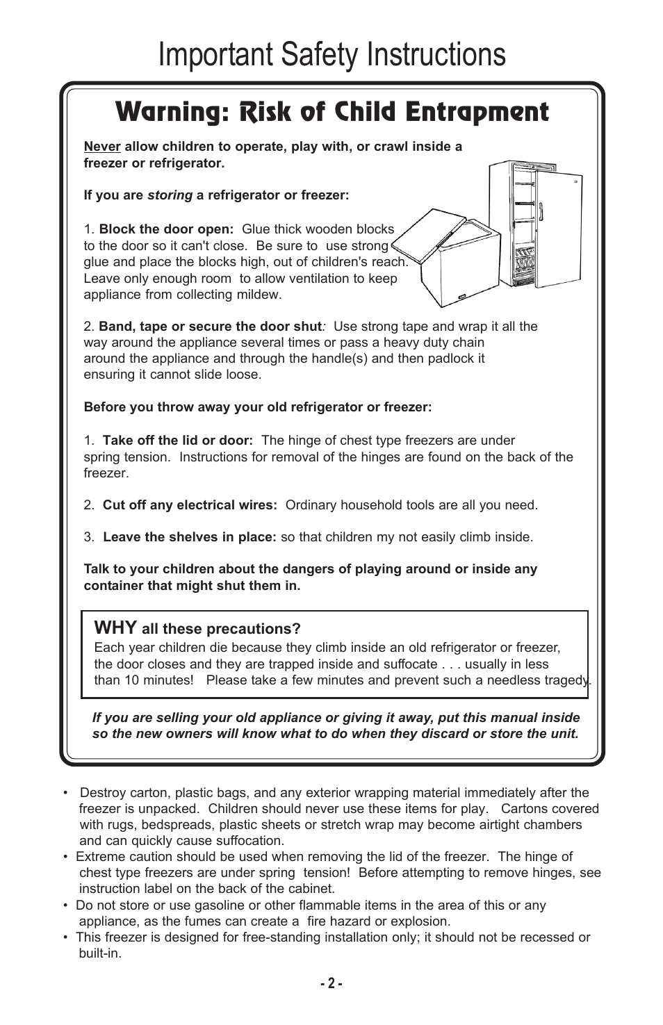 Important safety instructions, Warning: risk of child entrapment | Danby DCF1014WE User Manual | Page 3 / 28