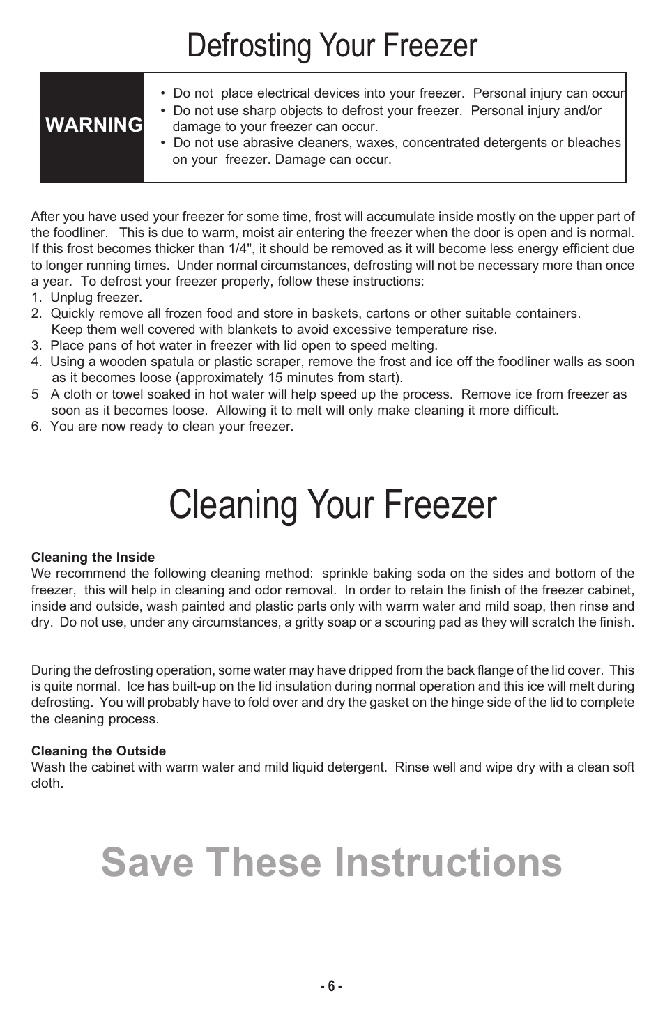Cleaning your freezer save these instructions, Defrosting your freezer | Danby DCF1014WE User Manual | Page 7 / 28