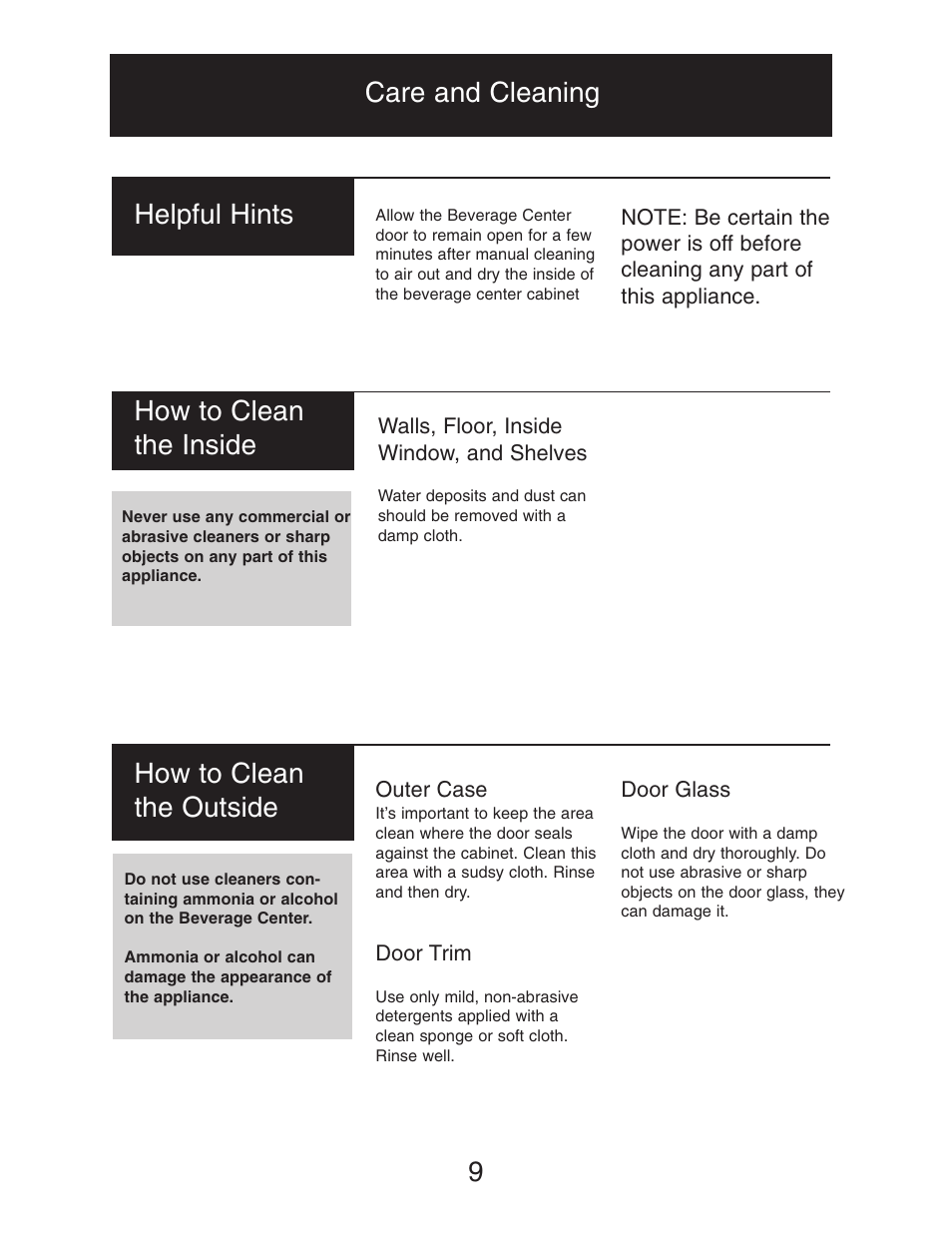 9helpful hints, How to clean the inside, Care and cleaning how to clean the outside | Danby DBC128BLS User Manual | Page 10 / 13