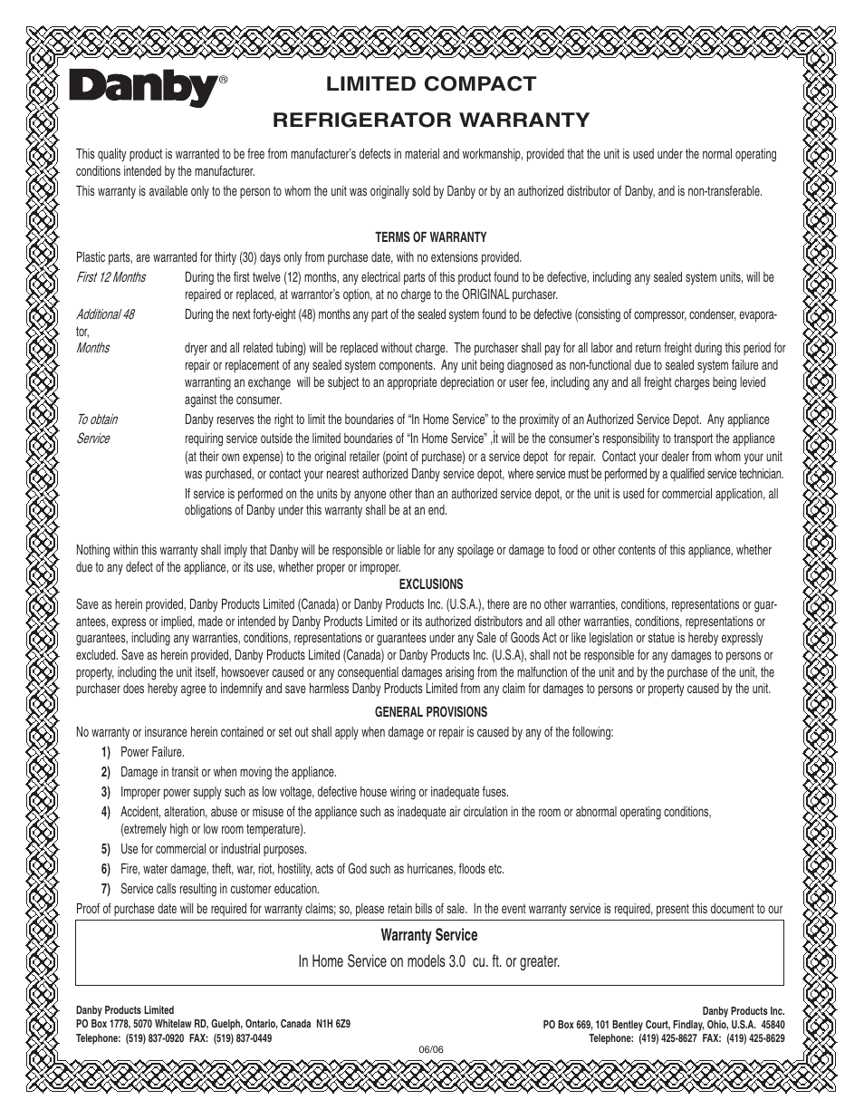 Limited compact refrigerator warranty | Danby DBC128BLS User Manual | Page 12 / 13