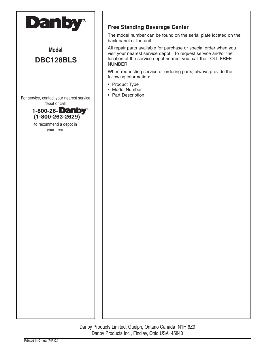 Dbc128bls, Model | Danby DBC128BLS User Manual | Page 13 / 13