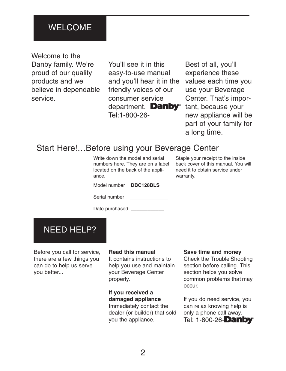 2welcome need help, Start here!…before using your beverage center | Danby DBC128BLS User Manual | Page 3 / 13