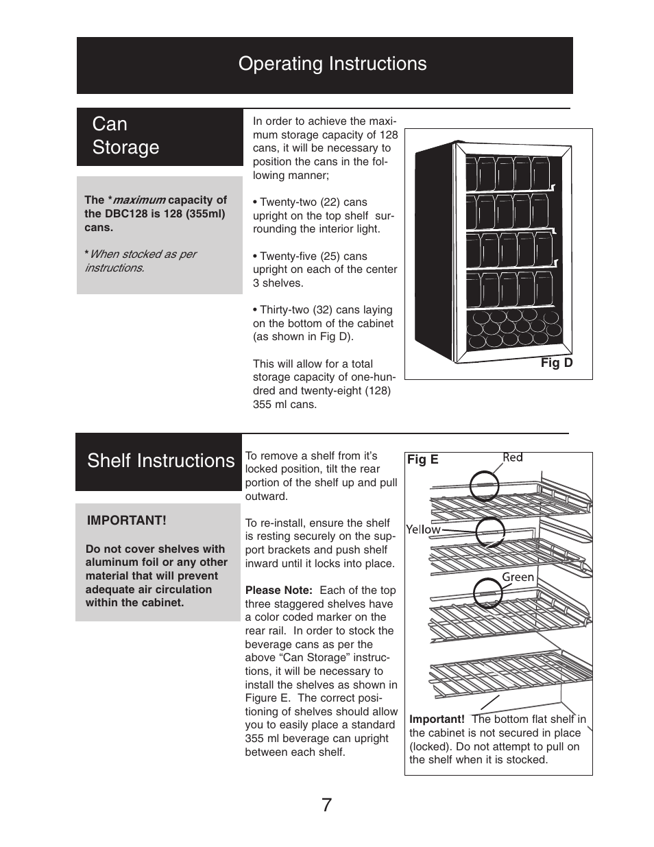 Operating instructions, Can storage, 7shelf instructions | Danby DBC128BLS User Manual | Page 8 / 13