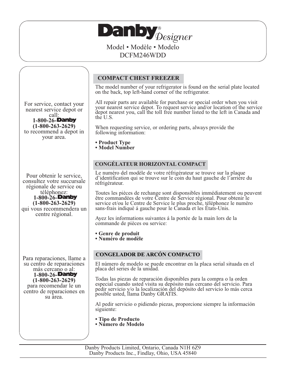 Danby DCFM246WDD User Manual | Page 20 / 20