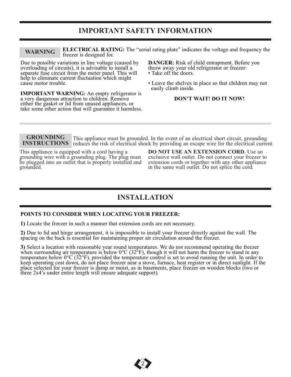 Important safety information, Installation | Danby DCFM246WDD User Manual | Page 3 / 20