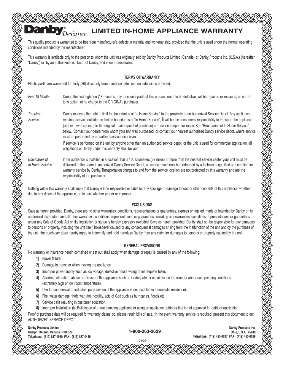 Limited in-home appliance warranty | Danby DCFM246WDD User Manual | Page 7 / 20