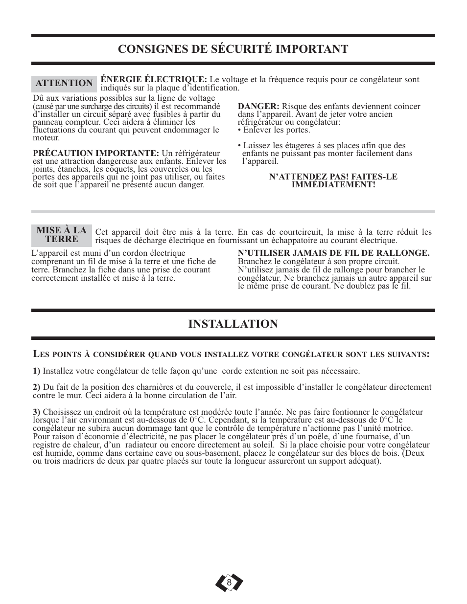 Consignes de sécurité important, Installation | Danby DCFM246WDD User Manual | Page 9 / 20