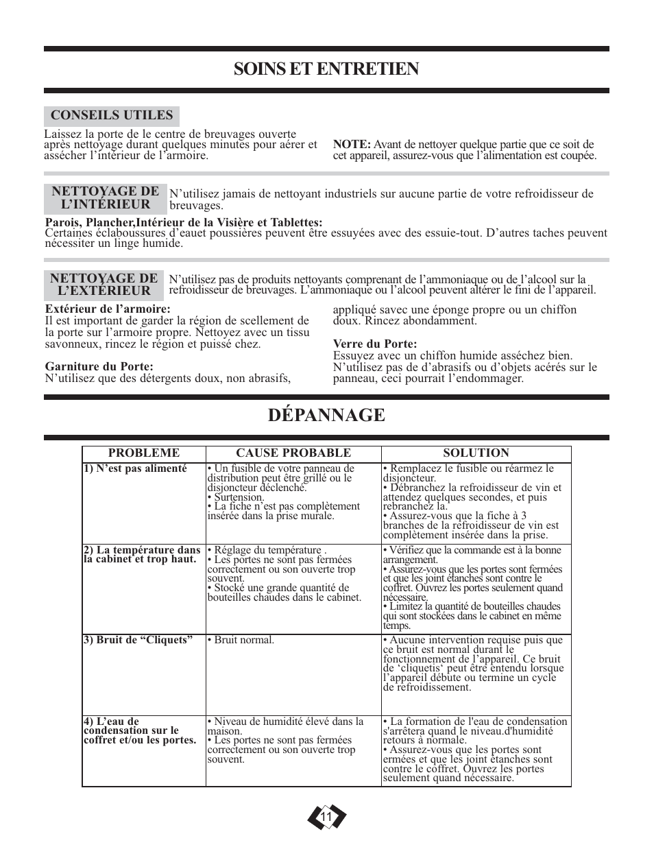 Soins et entretien, Dépannage | Danby DBC259BLP User Manual | Page 11 / 17