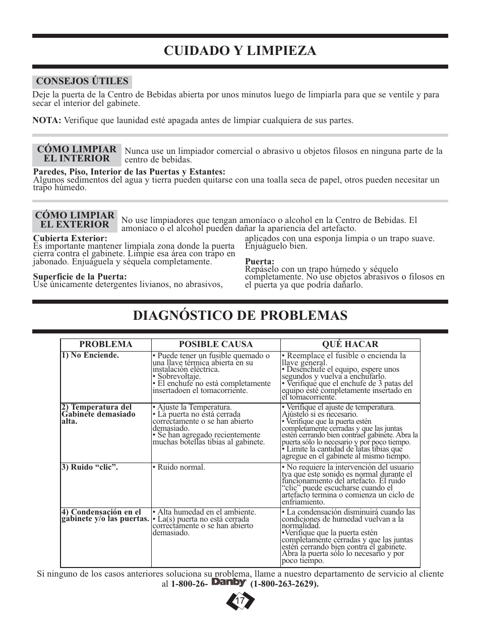 Cuidado y limpieza, Diagnóstico de problemas | Danby DBC259BLP User Manual | Page 16 / 17