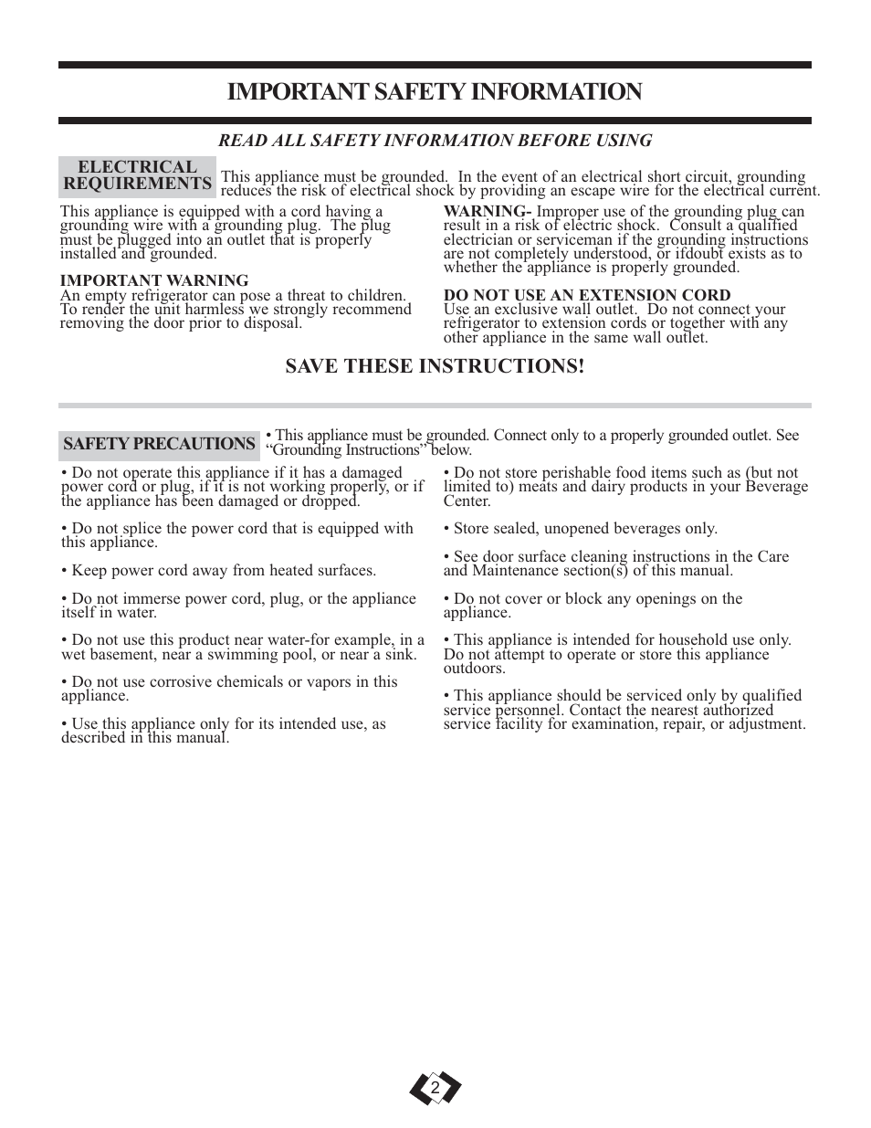 Important safety information, Save these instructions | Danby DBC259BLP User Manual | Page 3 / 17