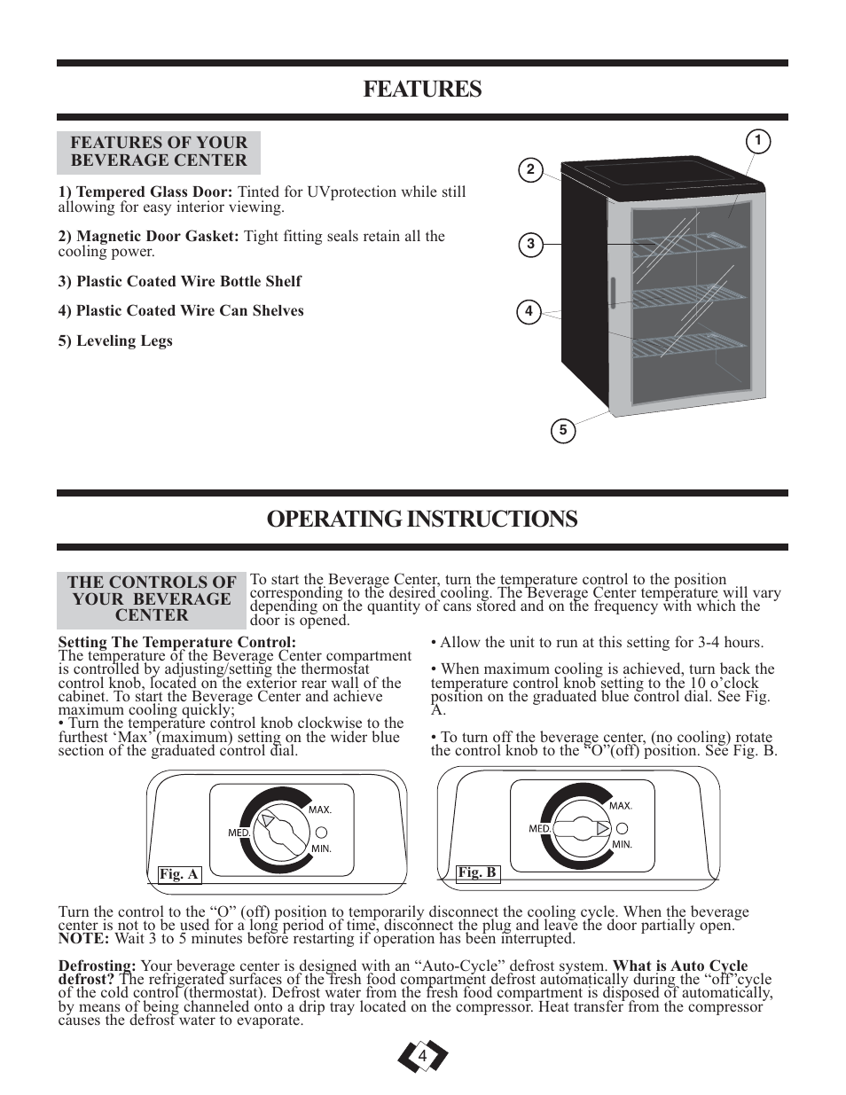 Features, Operating instructions | Danby DBC259BLP User Manual | Page 5 / 17