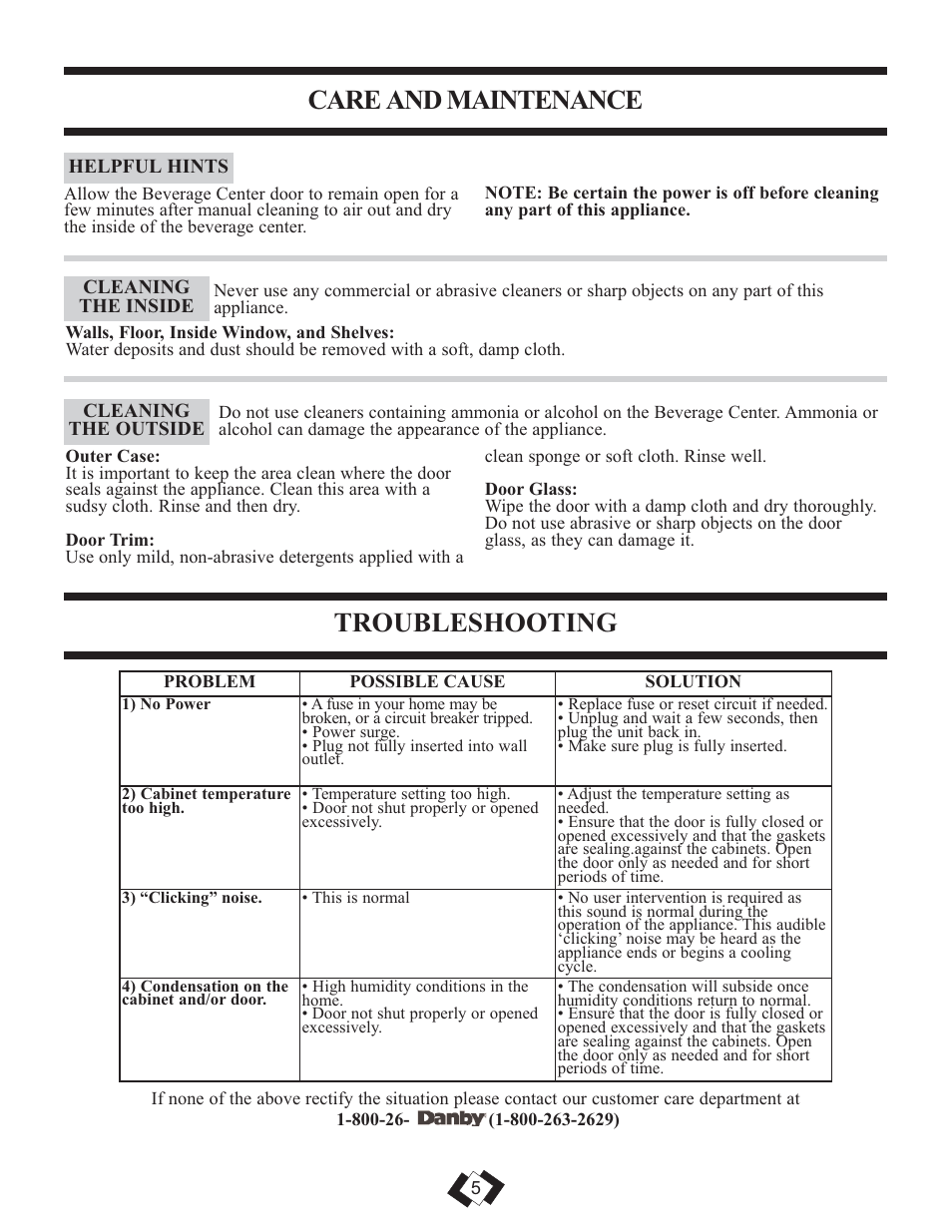 Care and maintenance, Troubleshooting | Danby DBC259BLP User Manual | Page 6 / 17
