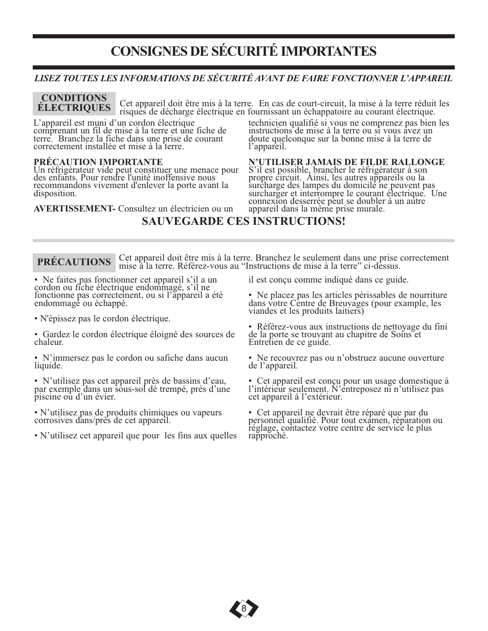 Consignes de sécurité importantes, Sauvegarde ces instructions | Danby DBC259BLP User Manual | Page 8 / 17