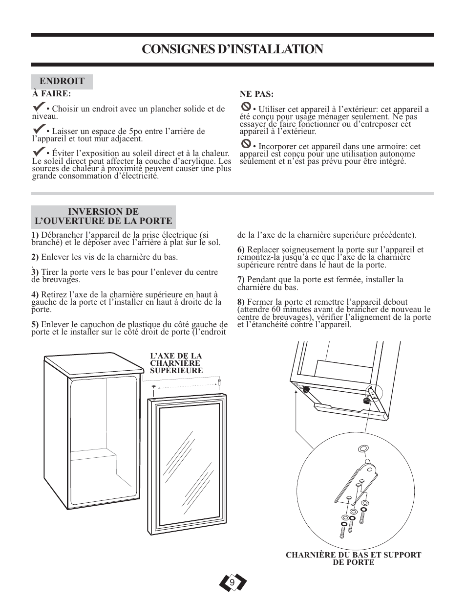 Consignes d’installation | Danby DBC259BLP User Manual | Page 9 / 17