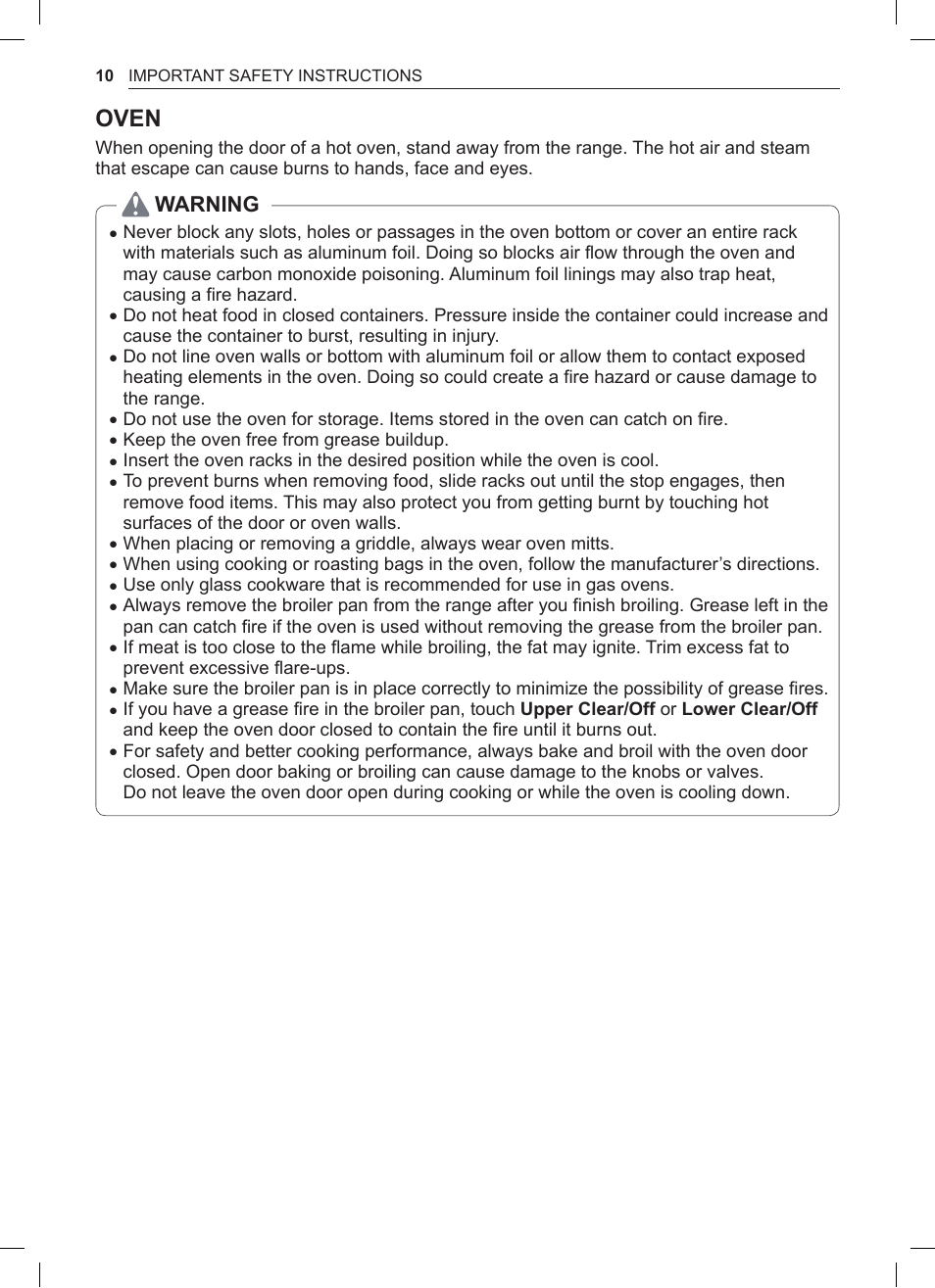 Oven, Warning | LG 30 Inch Double Oven Gas Range Owners Manual User Manual | Page 10 / 120