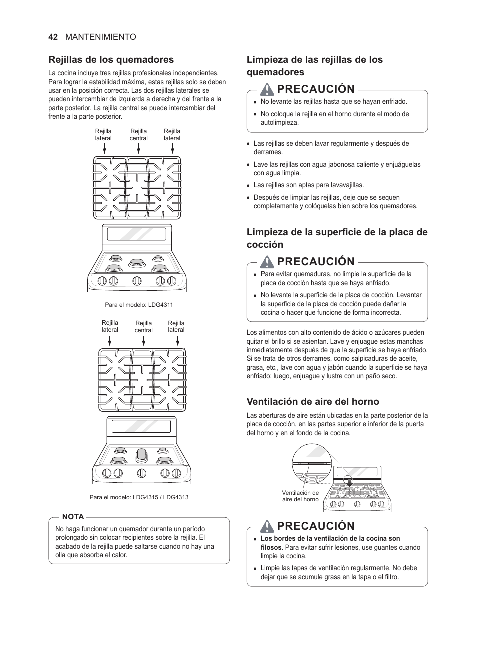 Precaución, Rejillas de los quemadores, Limpieza de las rejillas de los quemadores | Limpieza de la superficie de la placa de cocción, Ventilación de aire del horno | LG 30 Inch Double Oven Gas Range Owners Manual User Manual | Page 100 / 120