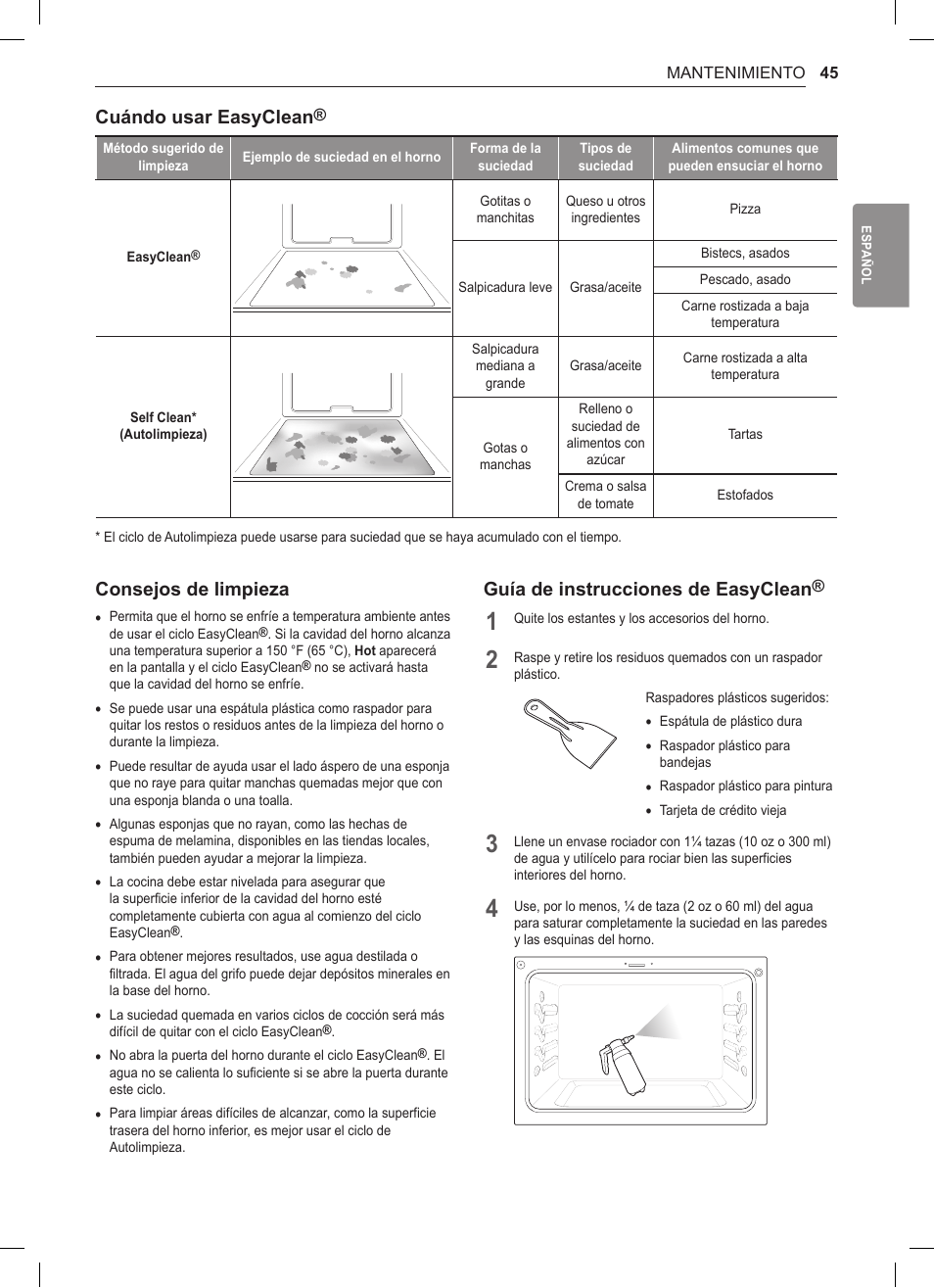 Cuándo usar easyclean, Consejos de limpieza, Guía de instrucciones de easyclean | LG 30 Inch Double Oven Gas Range Owners Manual User Manual | Page 103 / 120