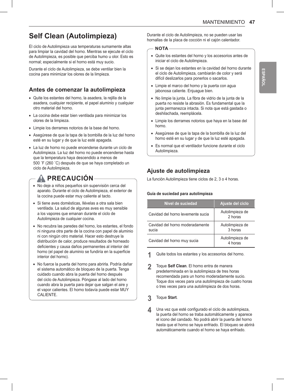 Self clean (autolimpieza), 47 self clean (autolimpieza), Precaución | Antes de comenzar la autolimpieza, Ajuste de autolimpieza | LG 30 Inch Double Oven Gas Range Owners Manual User Manual | Page 105 / 120