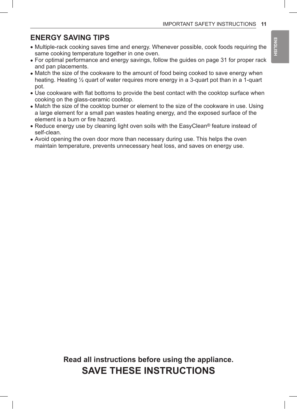 Save these instructions, Energy saving tips, Read all instructions before using the appliance | LG 30 Inch Double Oven Gas Range Owners Manual User Manual | Page 11 / 120