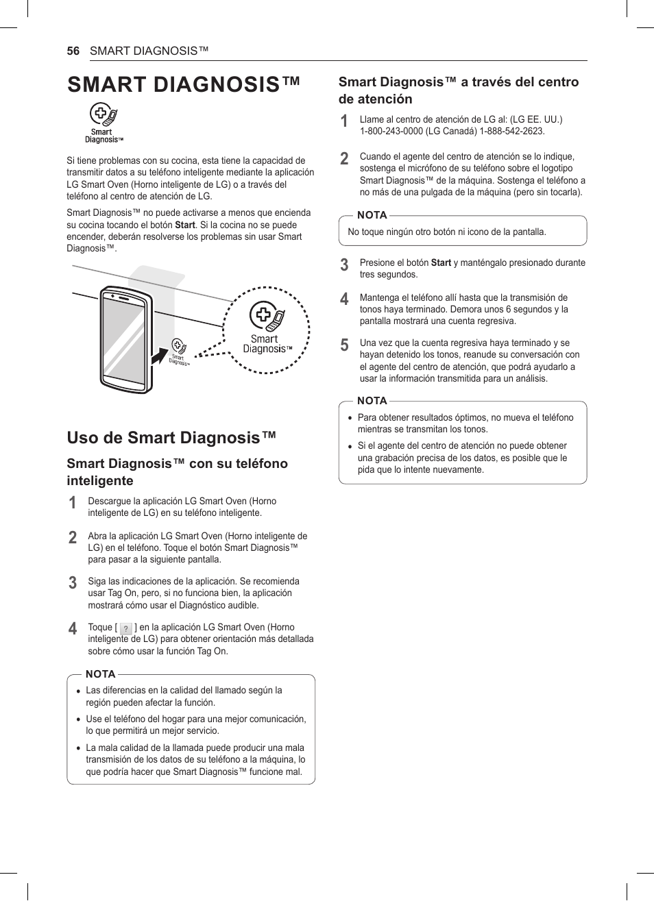 Smart diagnosis, Uso de smart diagnosis, 56 uso de smart diagnosis | LG 30 Inch Double Oven Gas Range Owners Manual User Manual | Page 114 / 120