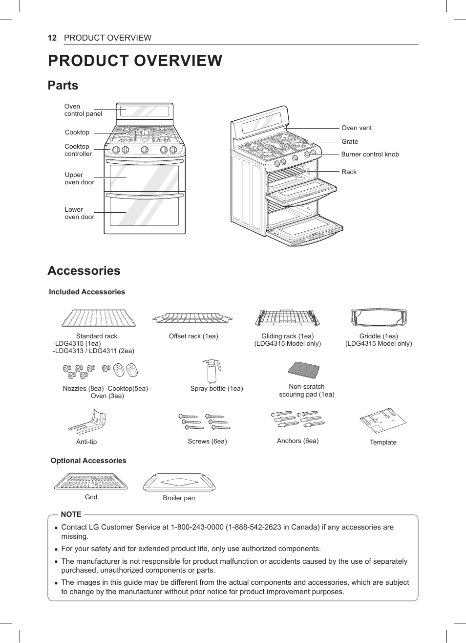 Product overview, Parts, Accessories | 12 parts 12 accessories | LG 30 Inch Double Oven Gas Range Owners Manual User Manual | Page 12 / 120