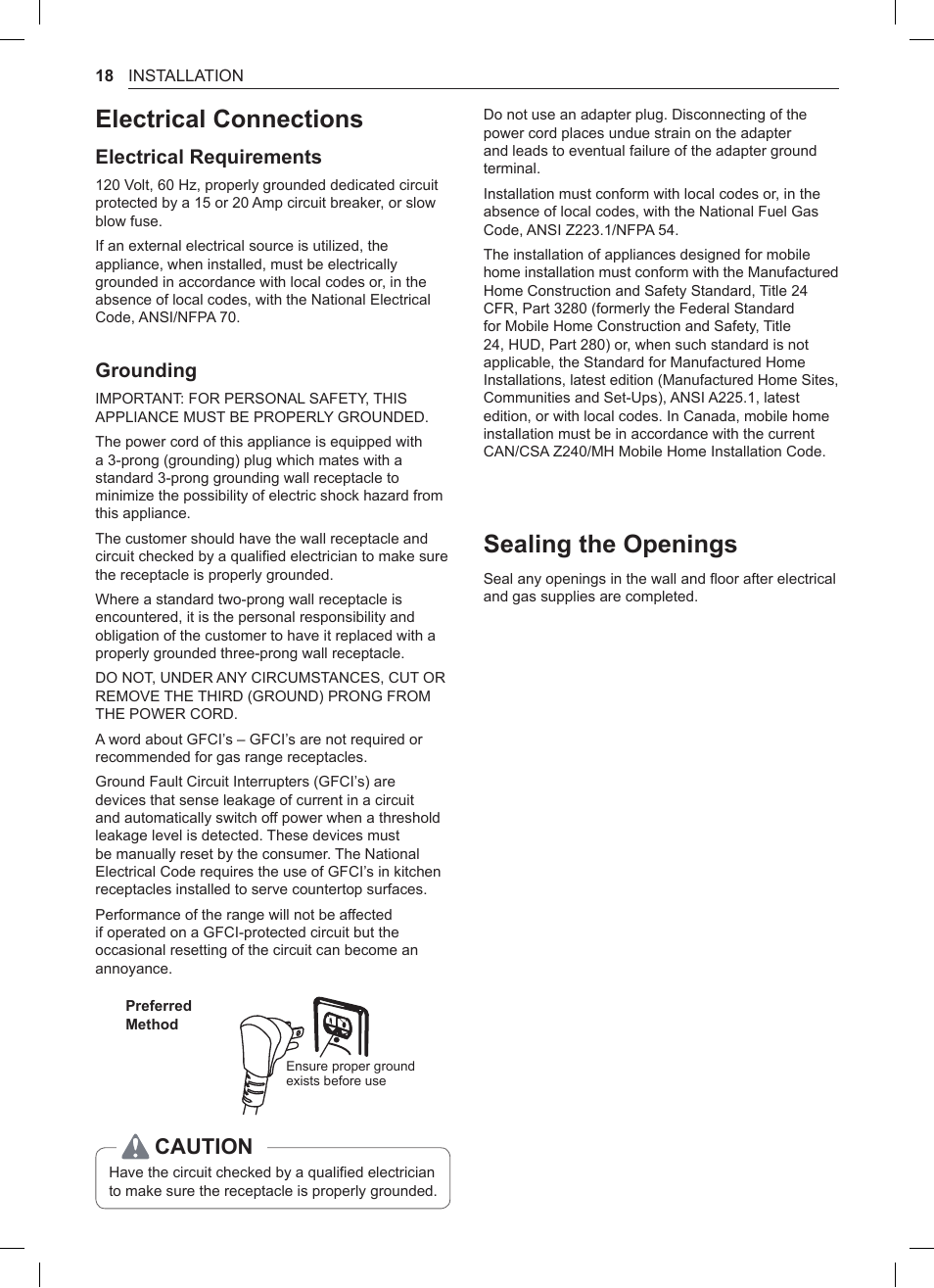 Electrical connections, Sealing the openings, 18 electrical connections 18 sealing the openings | Caution, Electrical requirements, Grounding | LG 30 Inch Double Oven Gas Range Owners Manual User Manual | Page 18 / 120