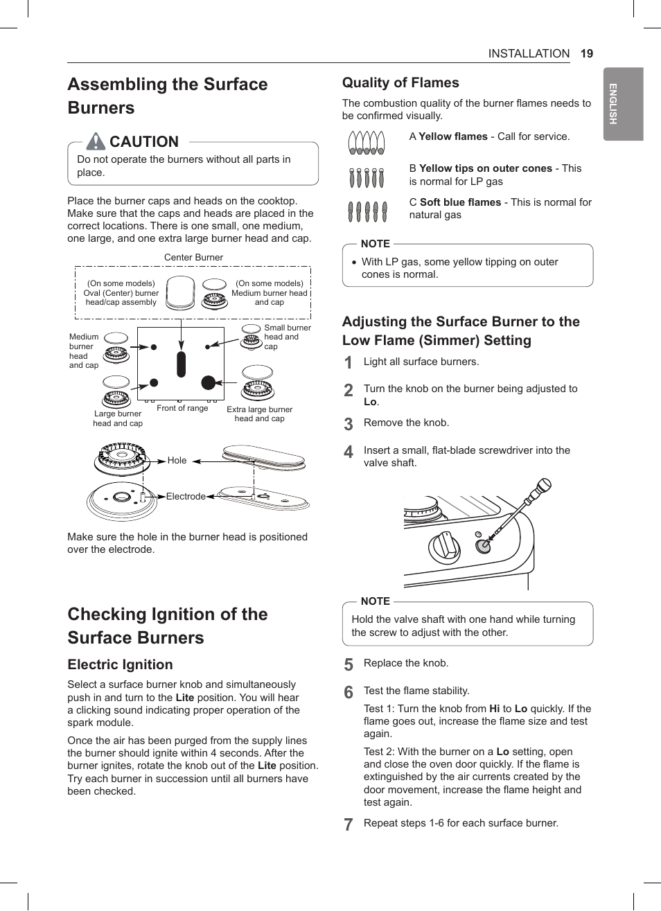 Assembling the surface burners, Checking ignition of the surface burners, Caution | Electric ignition, Quality of flames | LG 30 Inch Double Oven Gas Range Owners Manual User Manual | Page 19 / 120