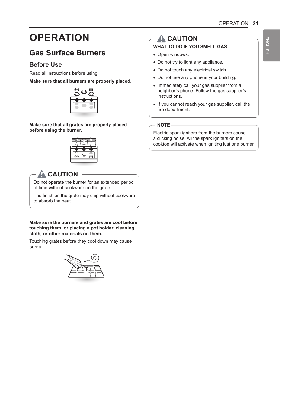 Operation, Gas surface burners, 21 gas surface burners | Caution, Before use | LG 30 Inch Double Oven Gas Range Owners Manual User Manual | Page 21 / 120