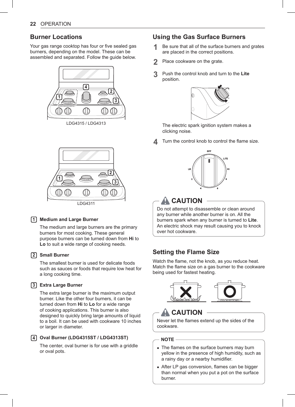 Burner locations, Setting the flame size, 22 burner locations 22 setting the flame size | Caution, Using the gas surface burners | LG 30 Inch Double Oven Gas Range Owners Manual User Manual | Page 22 / 120