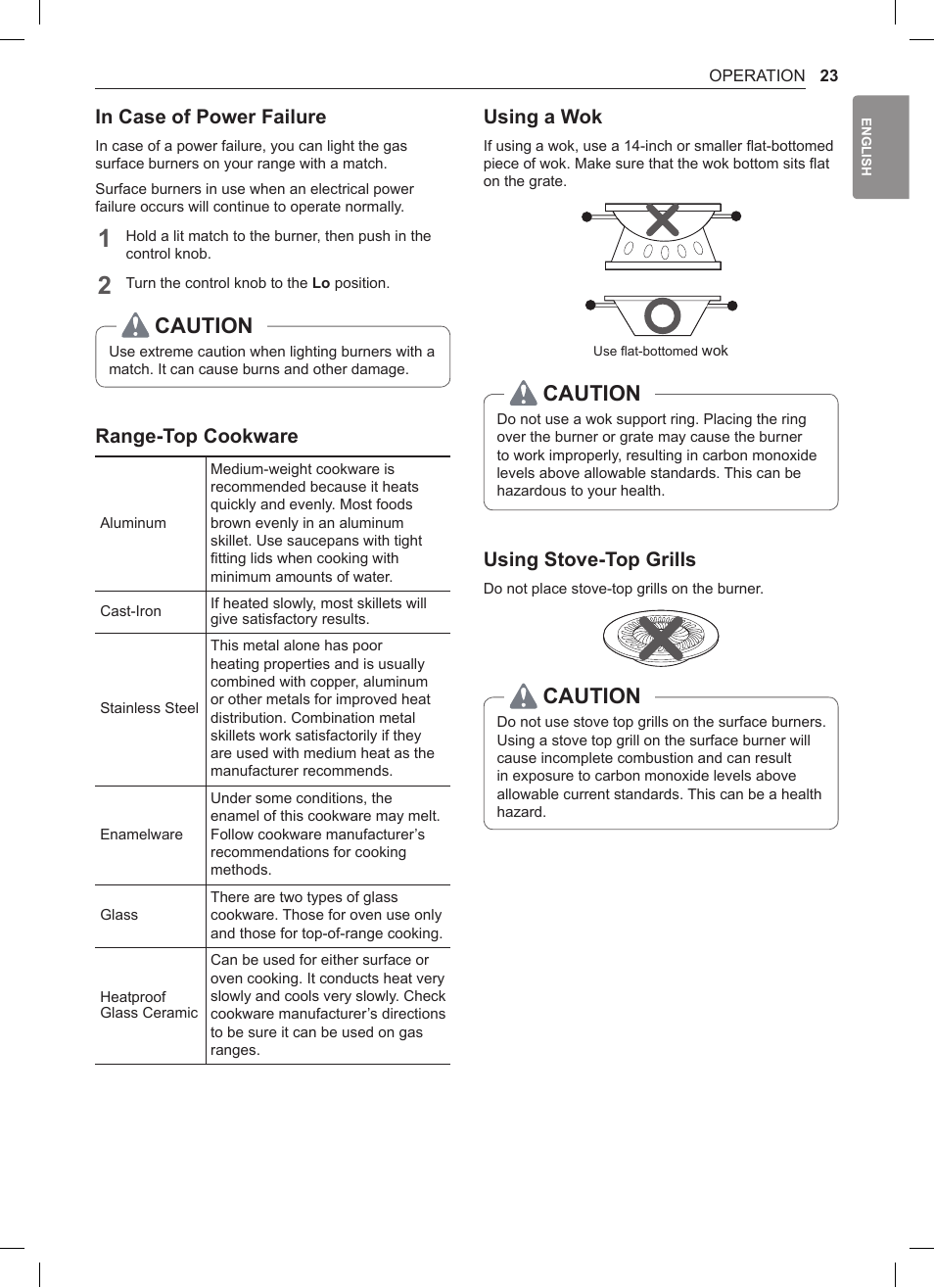 Using a wok, 23 using a wok, Caution | Range-top cookware, Using stove-top grills | LG 30 Inch Double Oven Gas Range Owners Manual User Manual | Page 23 / 120