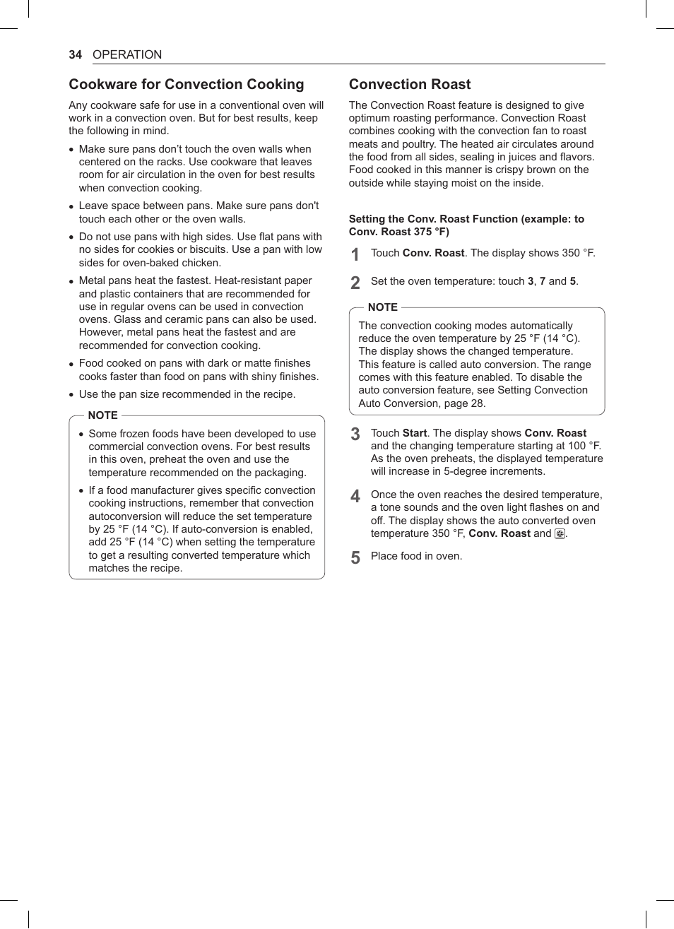 Cookware for convection cooking, Convection roast | LG 30 Inch Double Oven Gas Range Owners Manual User Manual | Page 34 / 120