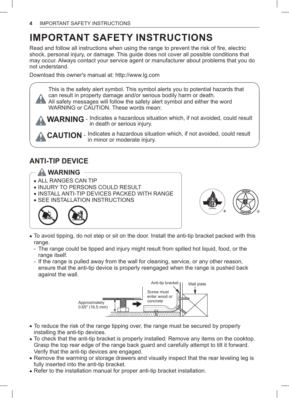 Important safety instructions, Important safety, Instructions | Warning, Caution, Anti-tip device | LG 30 Inch Double Oven Gas Range Owners Manual User Manual | Page 4 / 120