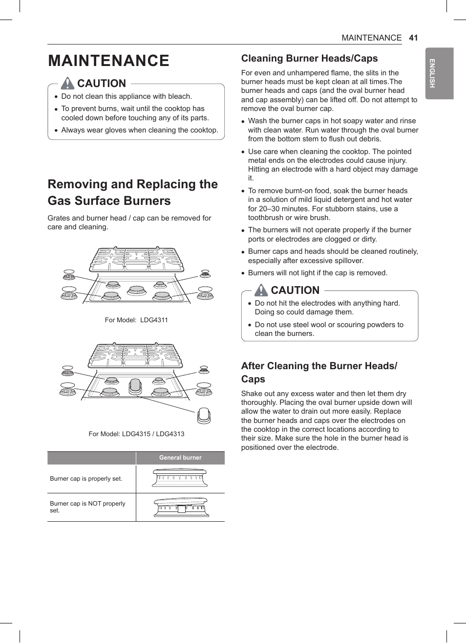 Maintenance, Removing and replacing the gas surface burners, 41 removing and replacing the gas surface | Burners, Caution, Cleaning burner heads/caps, After cleaning the burner heads/ caps | LG 30 Inch Double Oven Gas Range Owners Manual User Manual | Page 41 / 120
