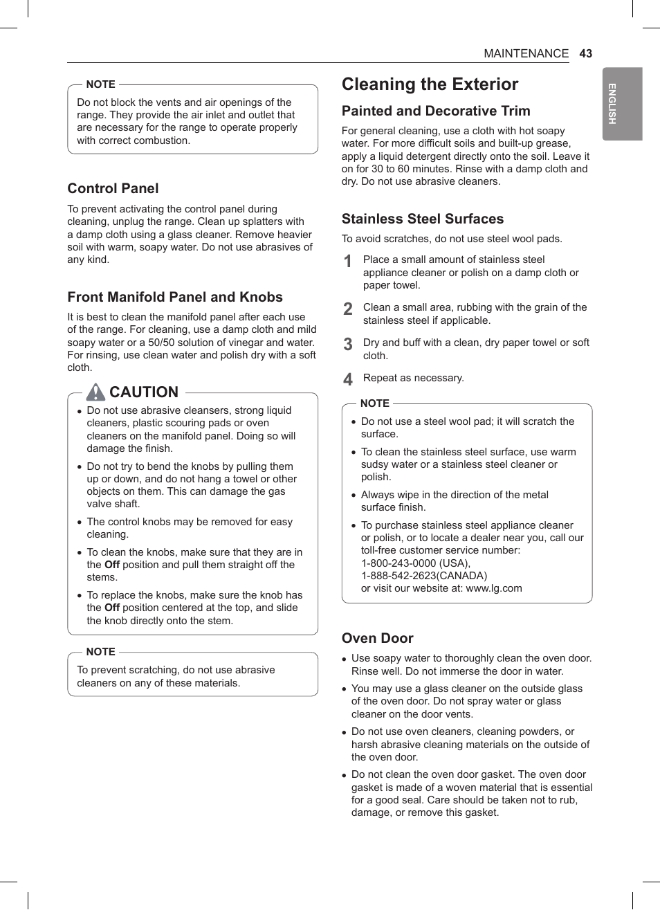 Cleaning the exterior, 43 cleaning the exterior, Caution | Control panel, Front manifold panel and knobs, Painted and decorative trim, Stainless steel surfaces, Oven door | LG 30 Inch Double Oven Gas Range Owners Manual User Manual | Page 43 / 120