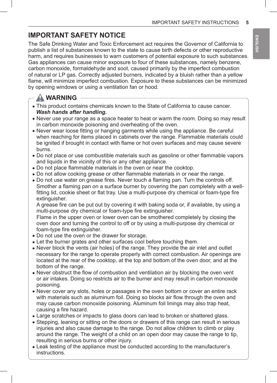 Important safety notice, Warning | LG 30 Inch Double Oven Gas Range Owners Manual User Manual | Page 5 / 120