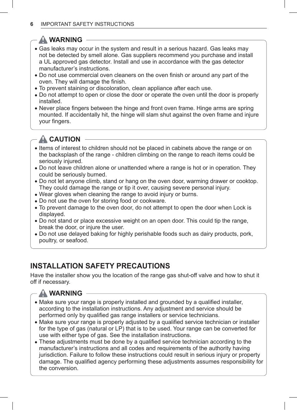 Installation safety precautions, Warning, Caution | LG 30 Inch Double Oven Gas Range Owners Manual User Manual | Page 6 / 120