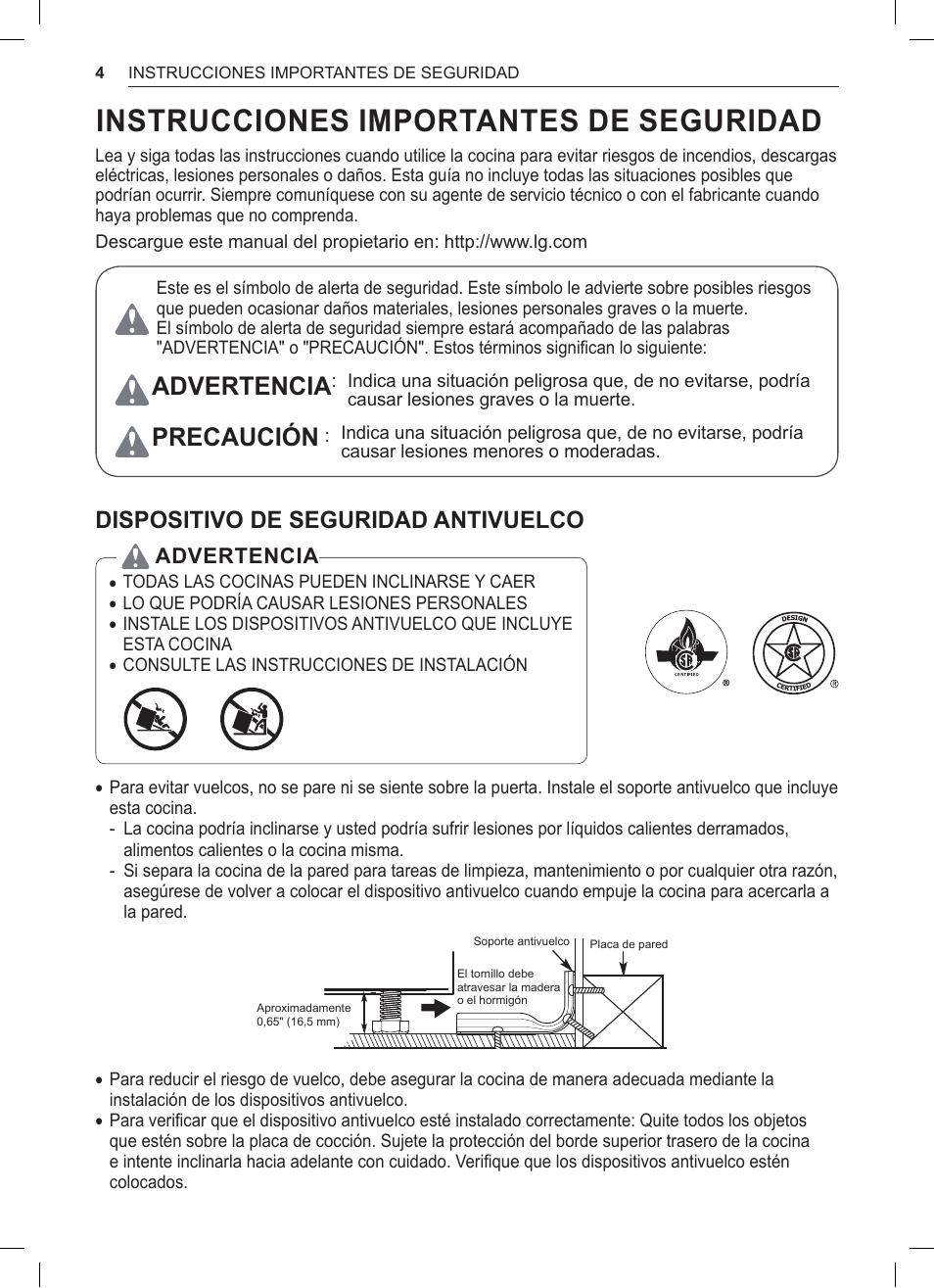 Instrucciones importantes de seguridad, Instrucciones, Importantes de seguridad | Advertencia, Precaución, Dispositivo de seguridad antivuelco | LG 30 Inch Double Oven Gas Range Owners Manual User Manual | Page 62 / 120