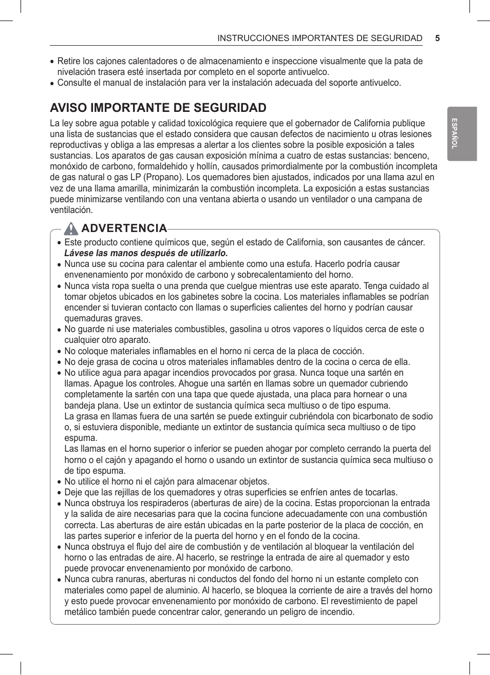 Aviso importante de seguridad, Advertencia | LG 30 Inch Double Oven Gas Range Owners Manual User Manual | Page 63 / 120