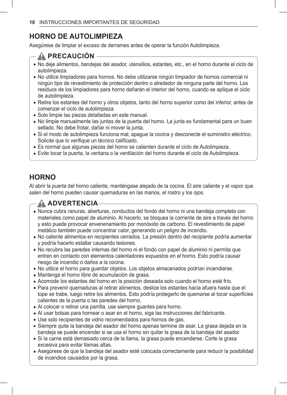 Horno de autolimpieza, Horno, Precaución | Advertencia | LG 30 Inch Double Oven Gas Range Owners Manual User Manual | Page 68 / 120