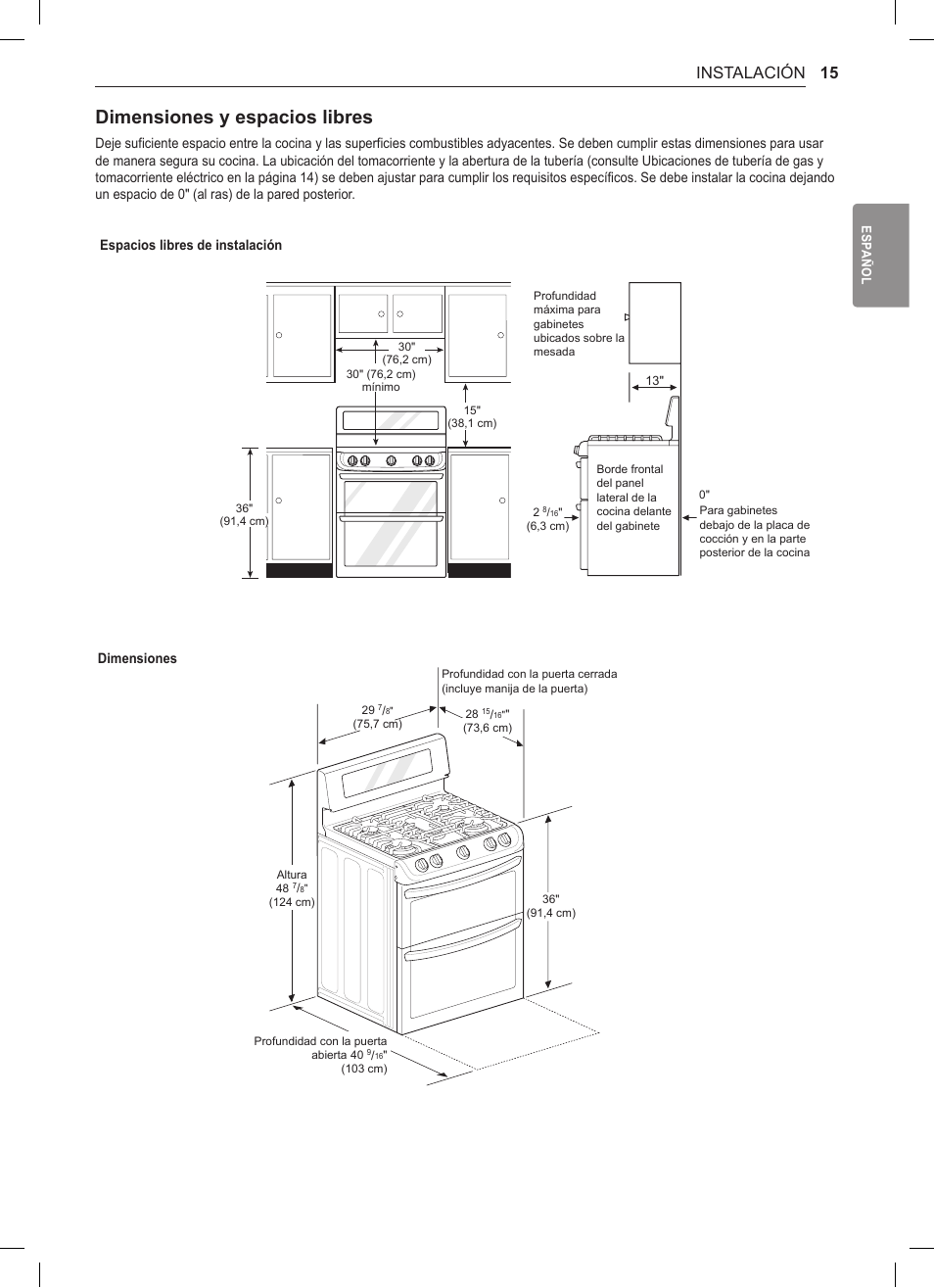 Dimensiones y espacios libres, 15 instalación | LG 30 Inch Double Oven Gas Range Owners Manual User Manual | Page 73 / 120