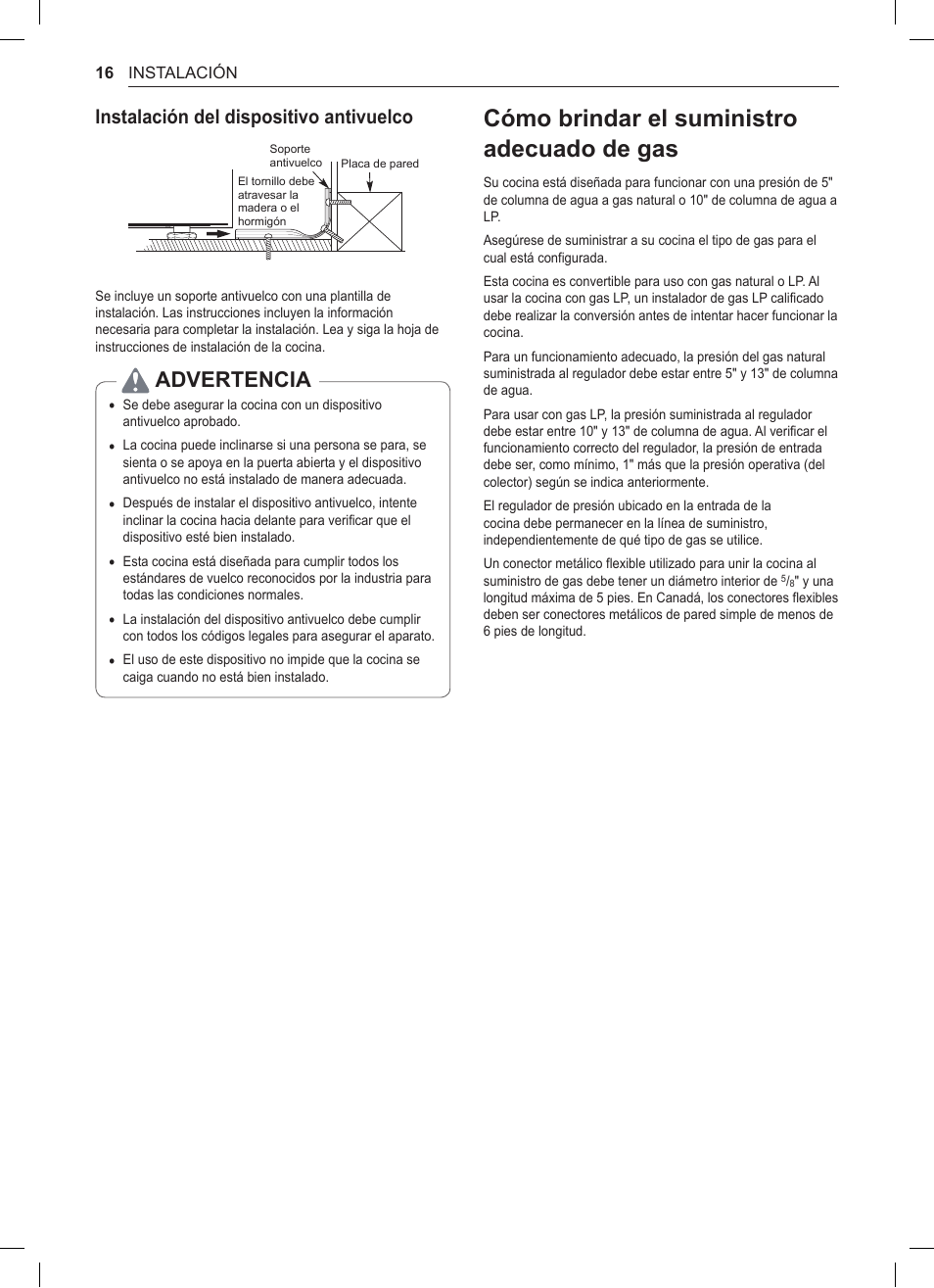 Cómo brindar el suministro adecuado de gas, 16 cómo brindar el suministro adecuado de gas, Advertencia | Instalación del dispositivo antivuelco | LG 30 Inch Double Oven Gas Range Owners Manual User Manual | Page 74 / 120