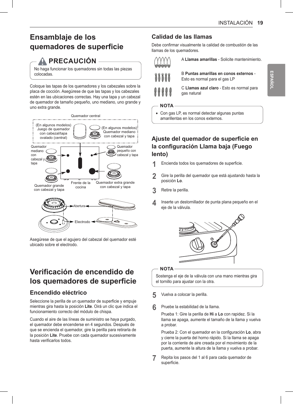Ensamblaje de los quemadores de superficie, Superficie, Precaución | Encendido eléctrico, Calidad de las llamas | LG 30 Inch Double Oven Gas Range Owners Manual User Manual | Page 77 / 120
