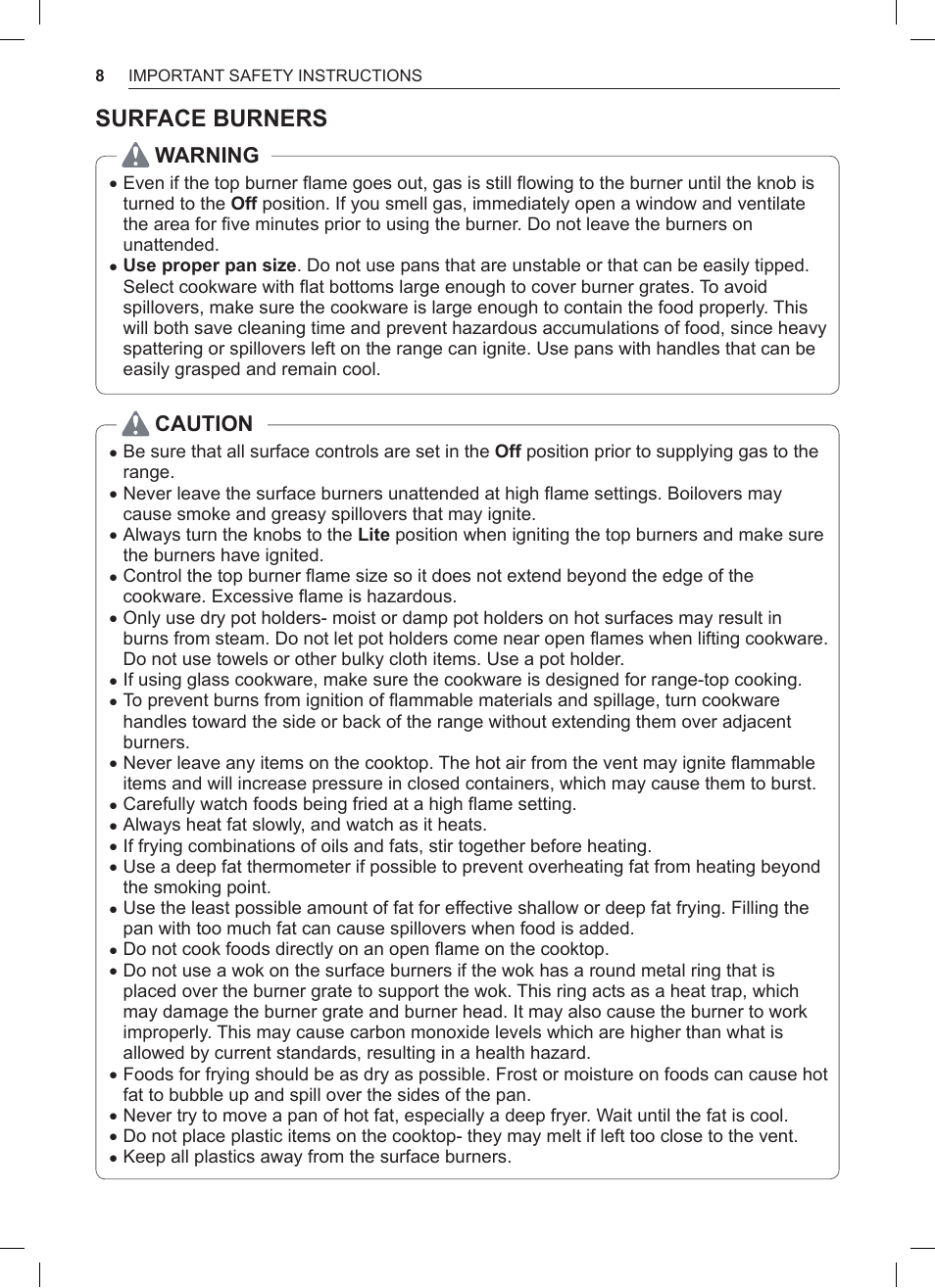 Surface burners, Warning, Caution | LG 30 Inch Double Oven Gas Range Owners Manual User Manual | Page 8 / 120