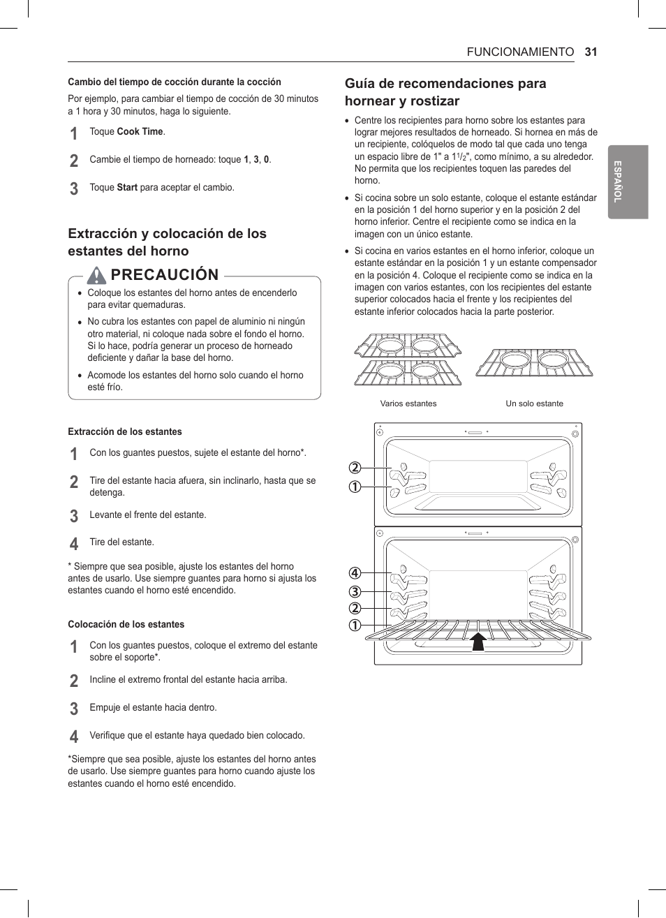 Extracción y colocación de los estantes del horno, Guía de recomendaciones para hornear y rostizar, 31 extracción y colocación de los estantes del | Horno, 31 guía de recomendaciones para hornear y, Rostizar, Precaución | LG 30 Inch Double Oven Gas Range Owners Manual User Manual | Page 89 / 120