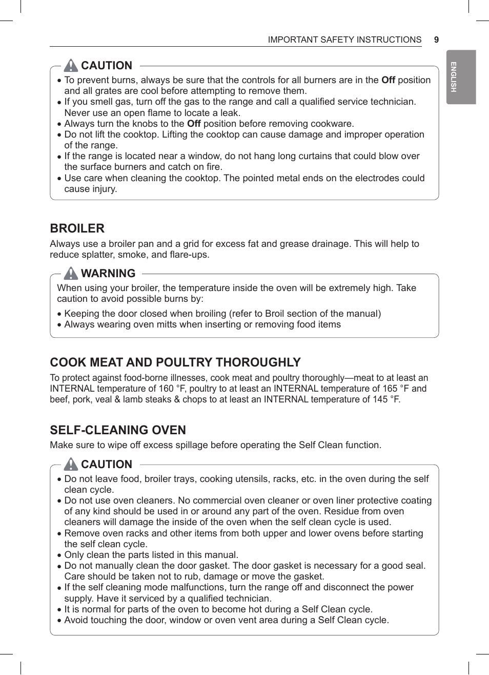 Broiler, Cook meat and poultry thoroughly, Self-cleaning oven | Caution, Warning | LG 30 Inch Double Oven Gas Range Owners Manual User Manual | Page 9 / 120